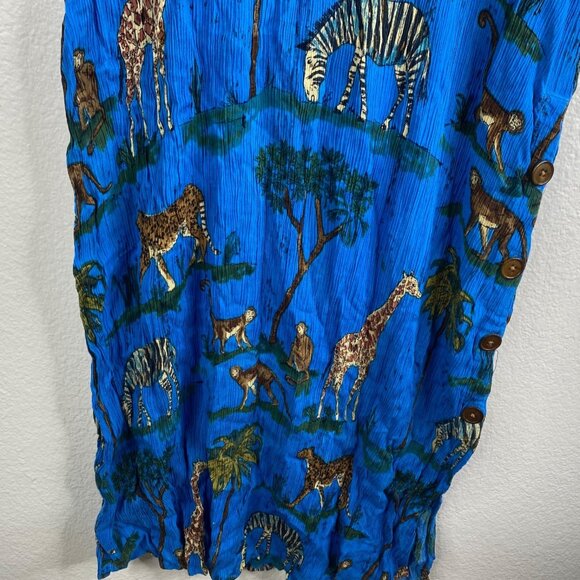 La Cera House Patio Dress Blue L Crinkle Muumuu Safari Animals Zebra Giraffe - Picture 6 of 10